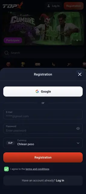 TopX — registro con correo o Google y saldo en pesos