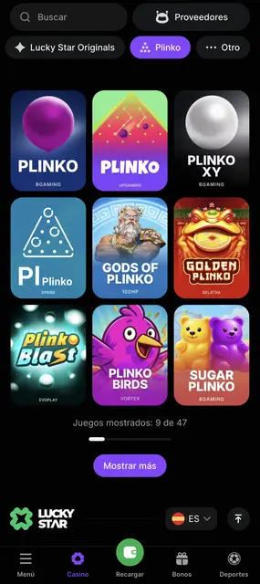 Lucky Star: sección de Plinko con Plinko XY, Gods of Plinko y Sugar Plinko