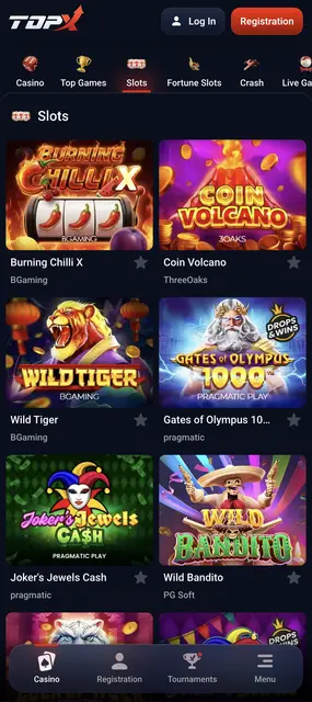 TopX: sección de slots con Gates of Olympus 1000 y Wild Tiger